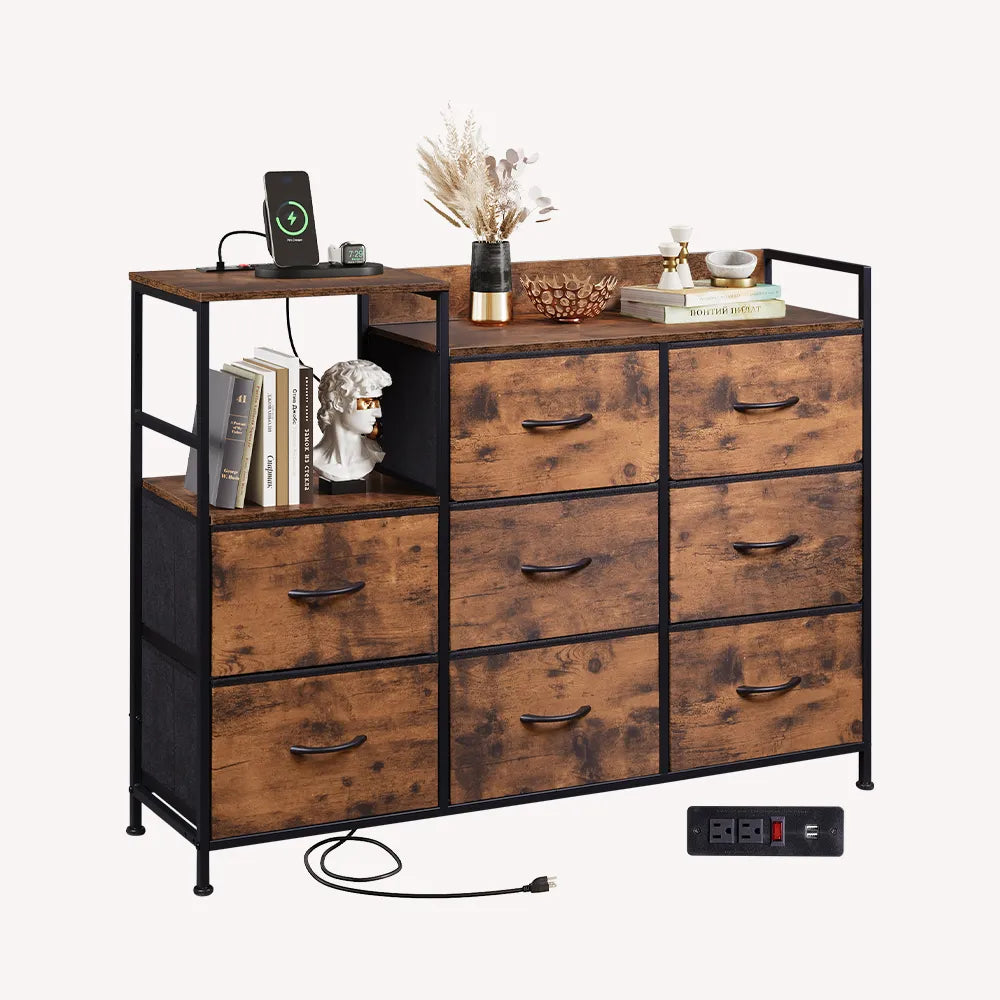 WLIVE rustic brown wood grain 8 drawer fabric dresser with three columns and open storage