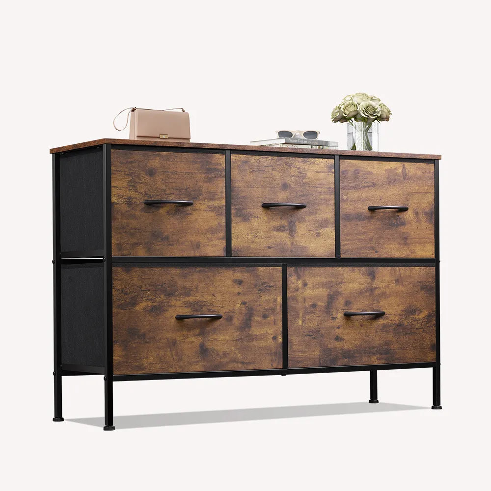 WLIVE high 5-drawer fabric dresser in rustic brown wood grain print