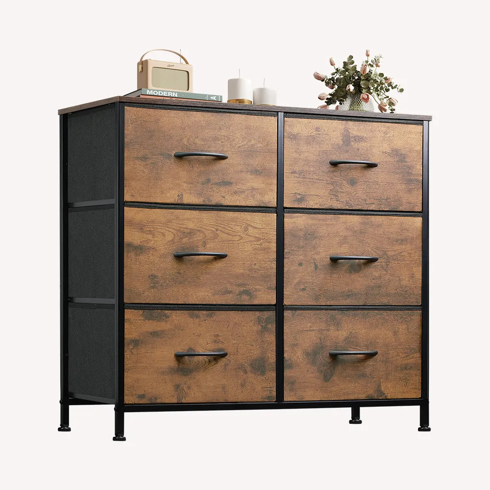 WLIVE Rustic Brown Wood Grain Minimalist Fabric 6-Drawer Double Storage Dresser