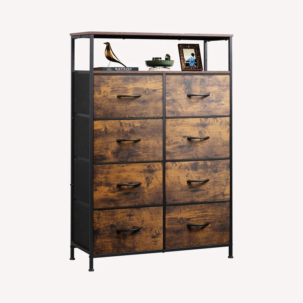 Rustic brown wood grain print tall 8-drawer fabric storage dresser with open shelves