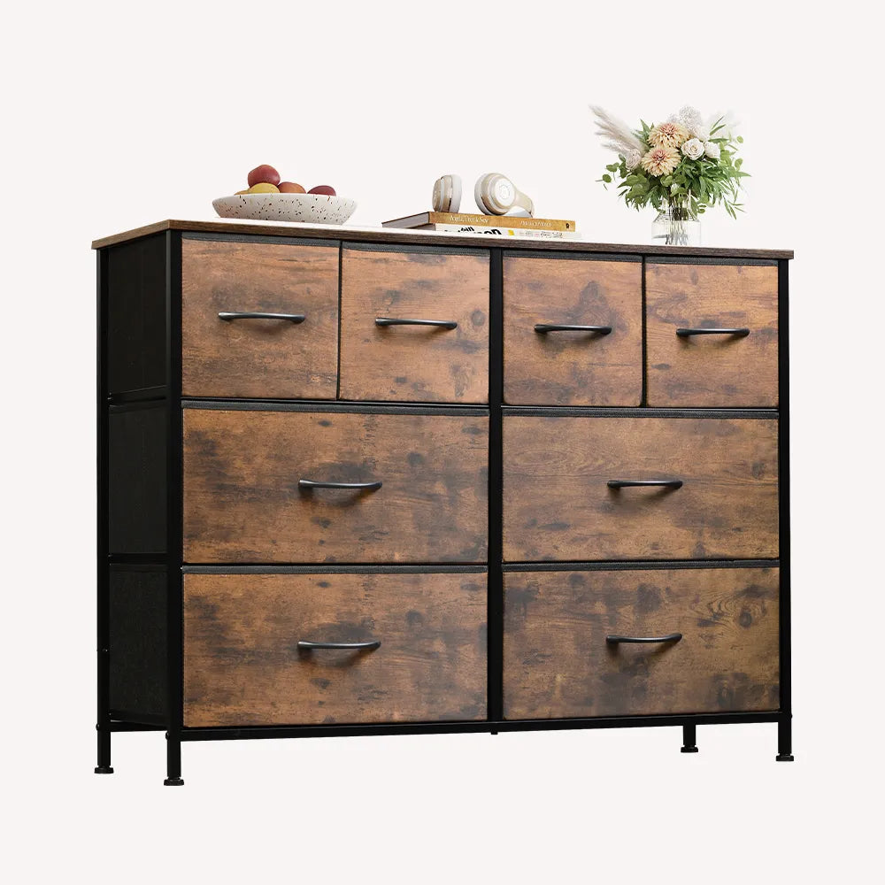 WLIVE Minimalist Wide 8-Drawer Storage Fabric Dresser in Rustic Brown Wood Grain