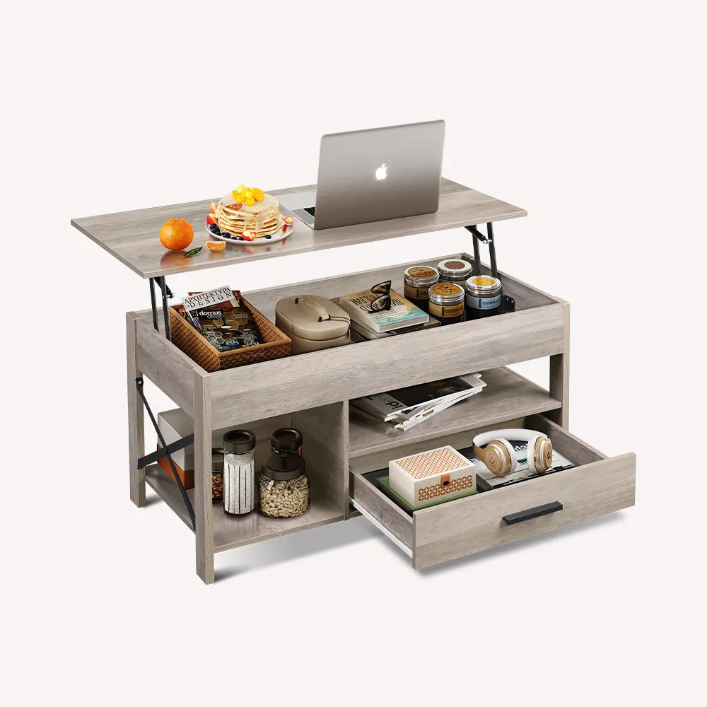 WLIVE Rustic Wood Lift Top Coffee Table with Storage Drawer in Grey