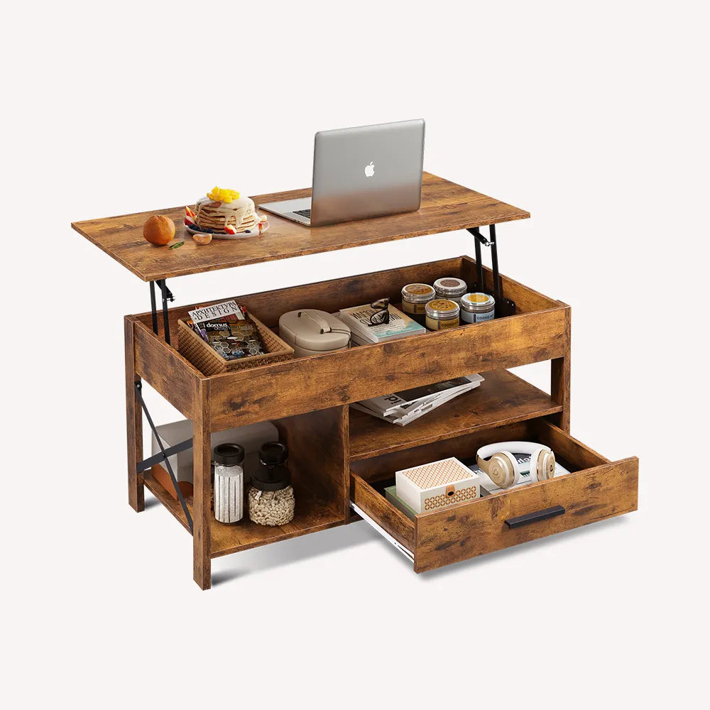 WLIVE Rustic Wood Lift Top Coffee Table with Storage Drawer in Rustic Brown