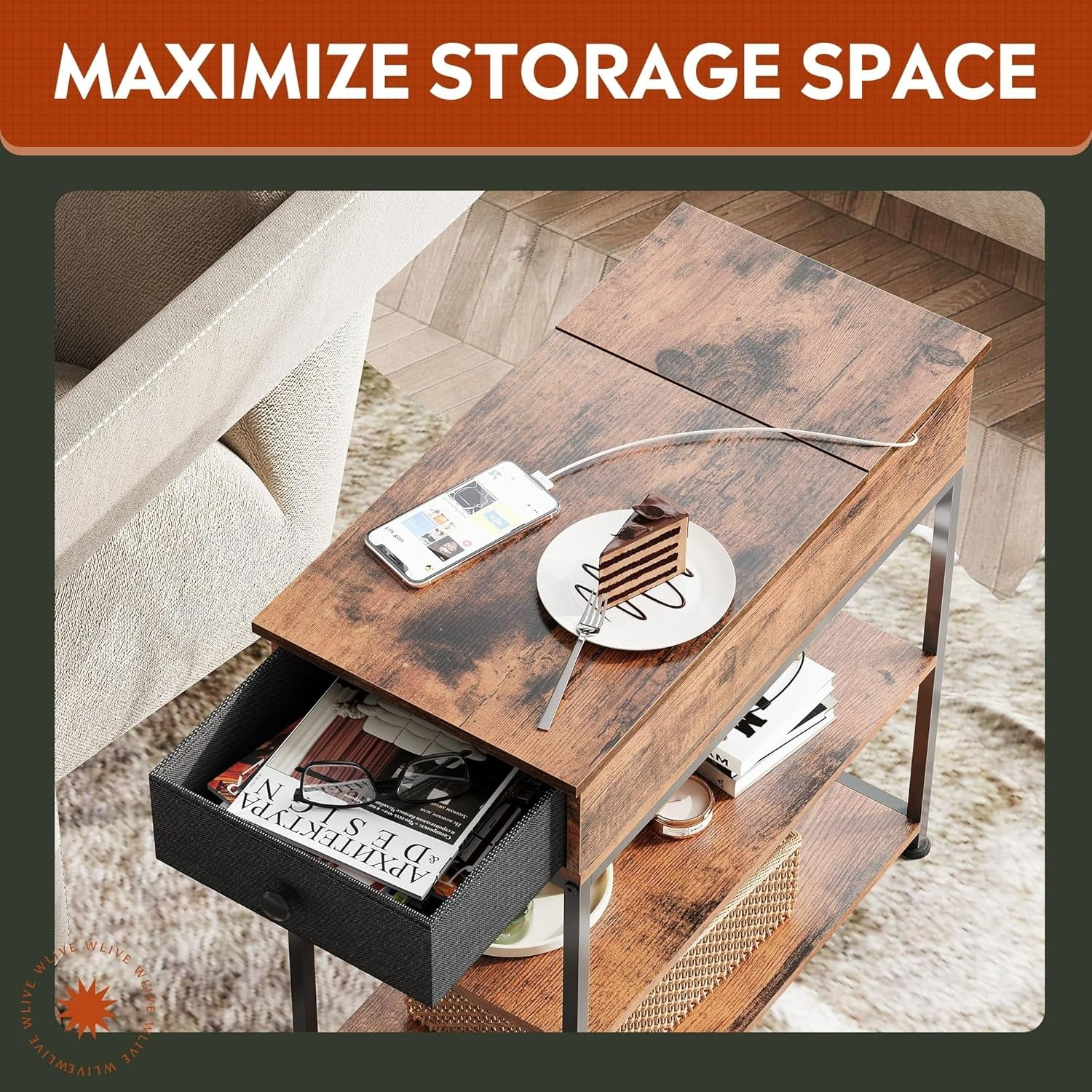 WLIVE Small Wood Storage Side Table with Charging Station
