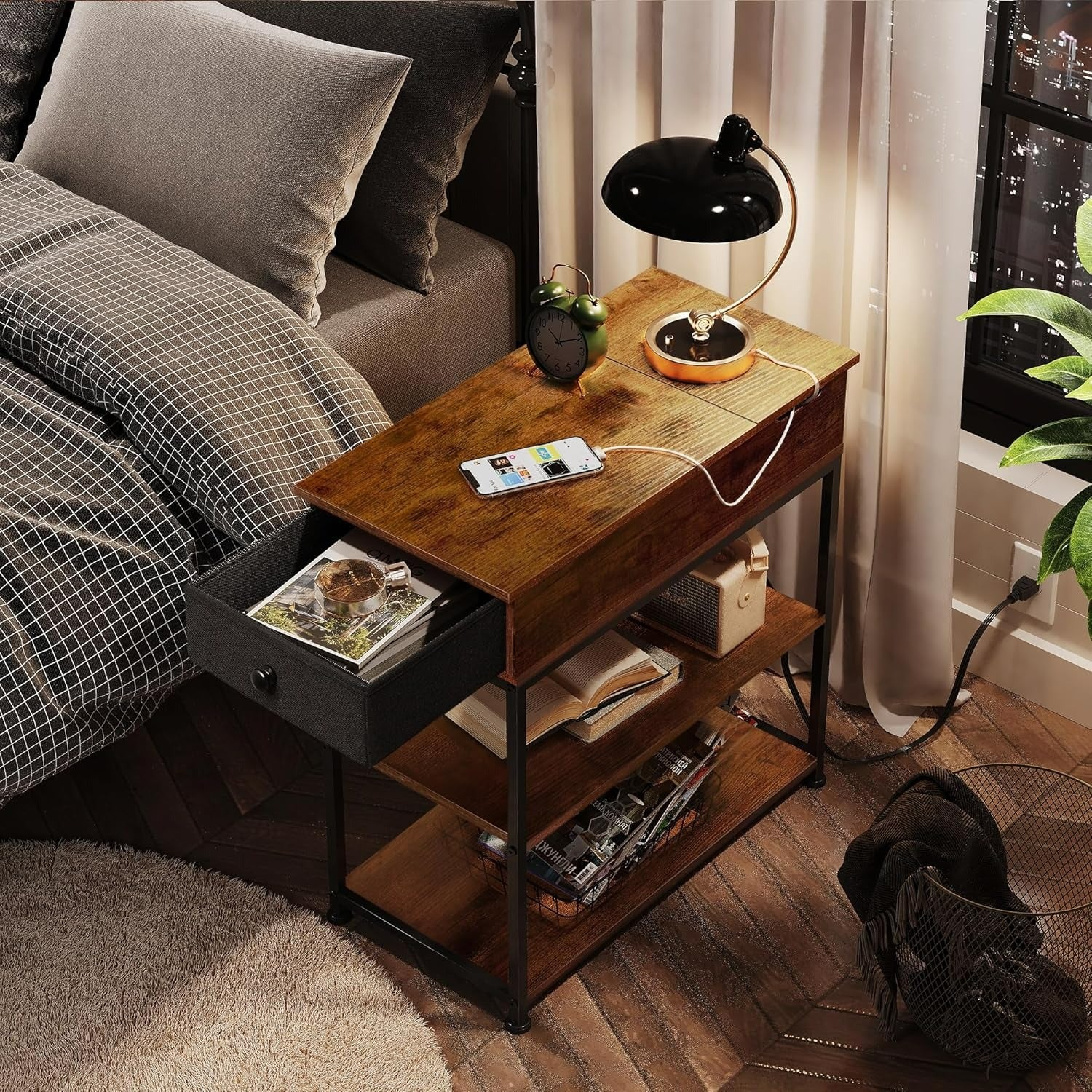WLIVE Small Wood Storage Side Table with Charging Station in bedroom