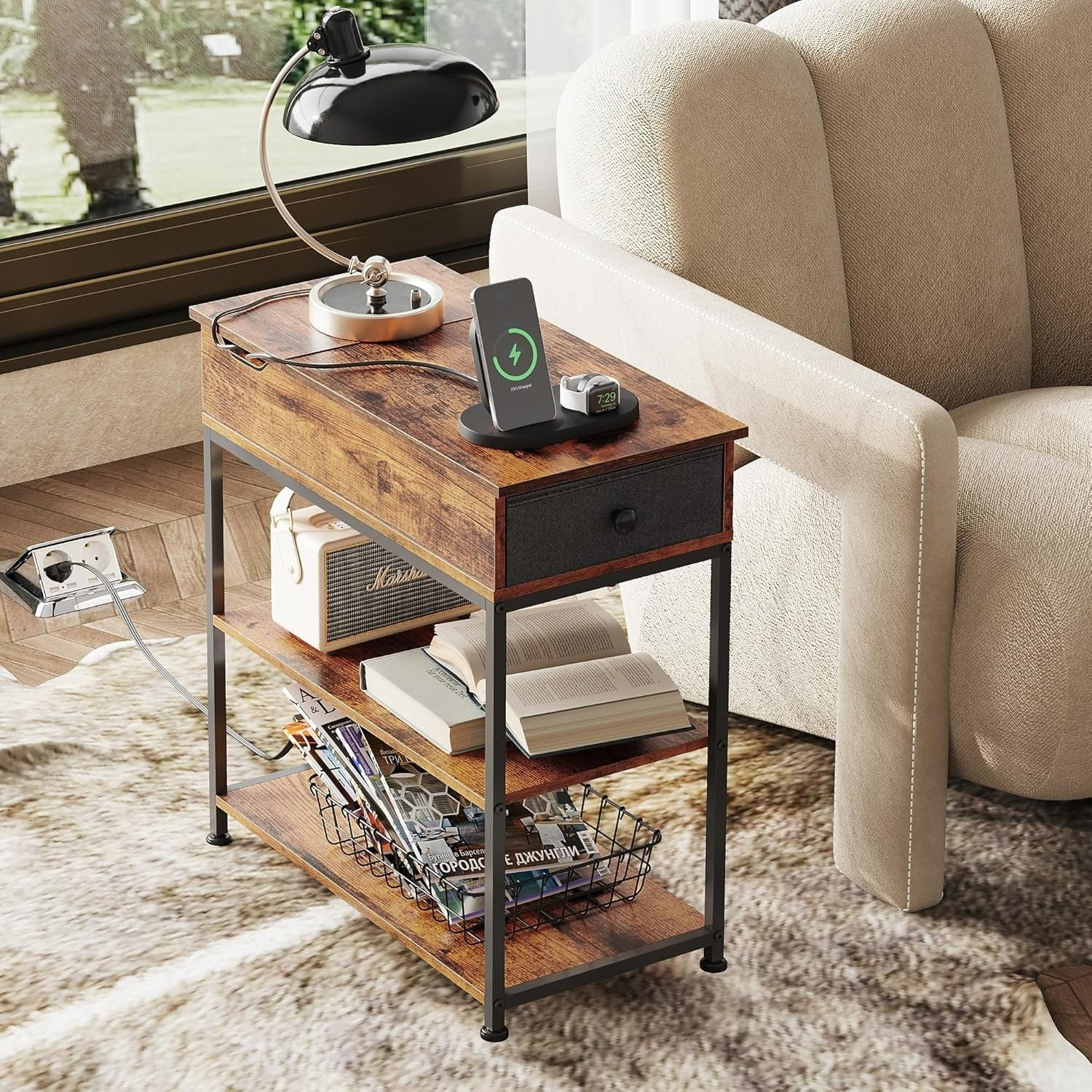 Rustic Brown WLIVE Small Wood Storage Side Table with Charging Station in living room