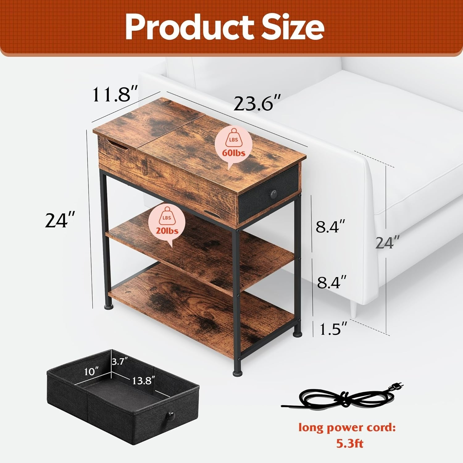 WLIVE Small Wood Storage Side Table with Charging Station size