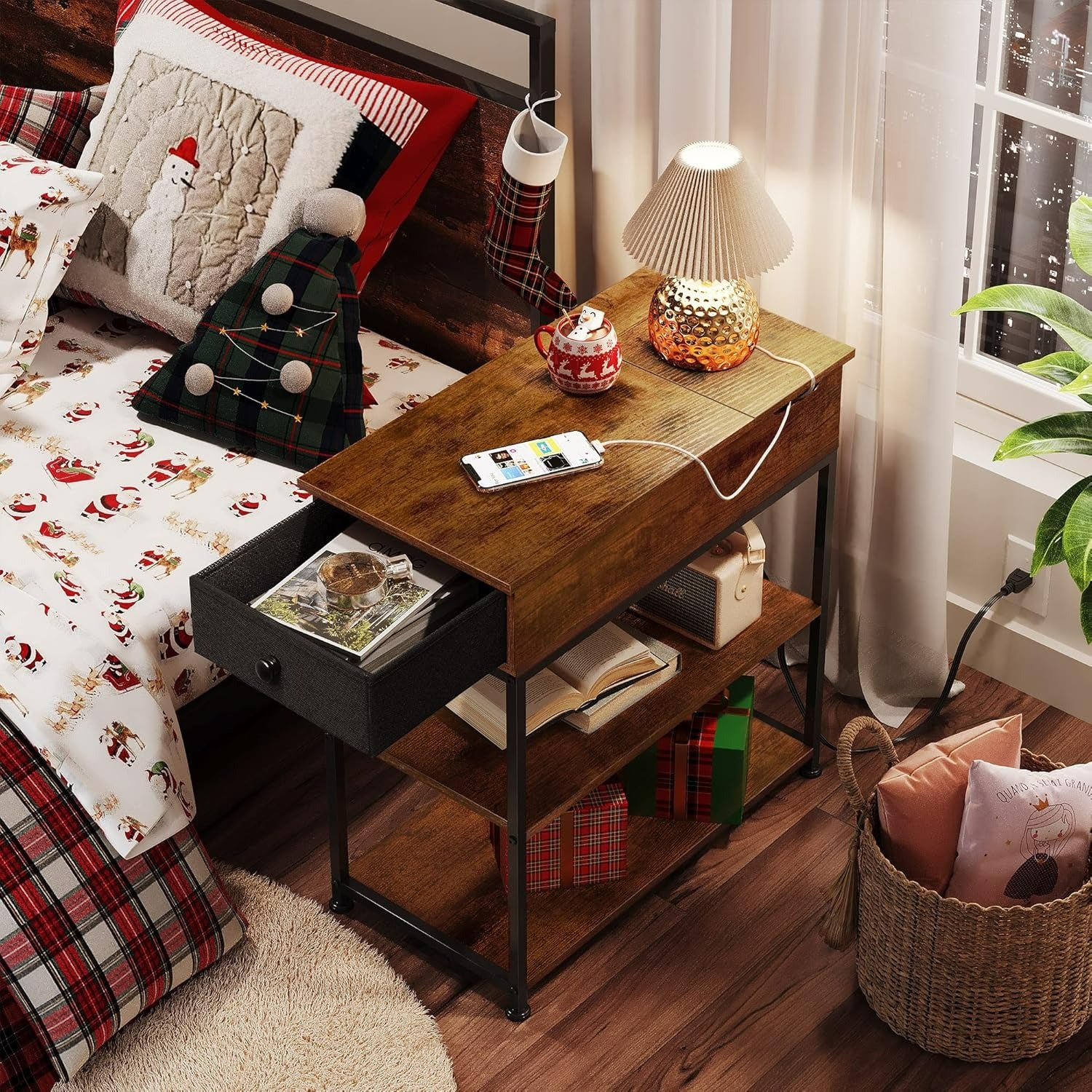 WLIVE Small Wood Storage Side Table with Charging Station in bedroom