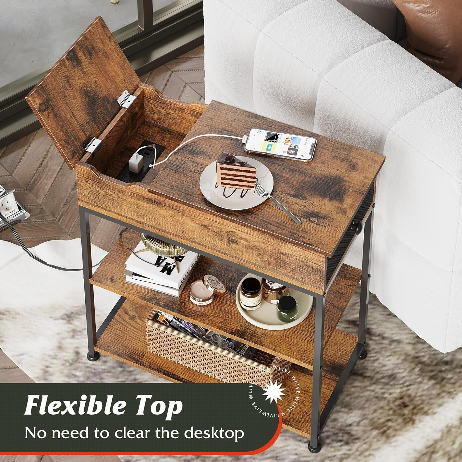WLIVE Wood Storage Side Table with Charging Station and Flexible Top