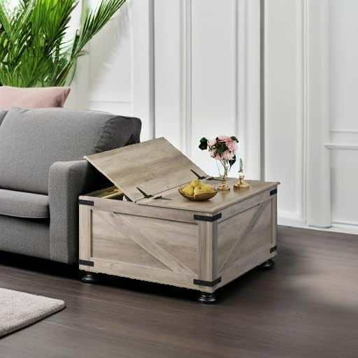 Grey WLIVE Square Wood Farmhouse Coffee Table with Flip Top in room