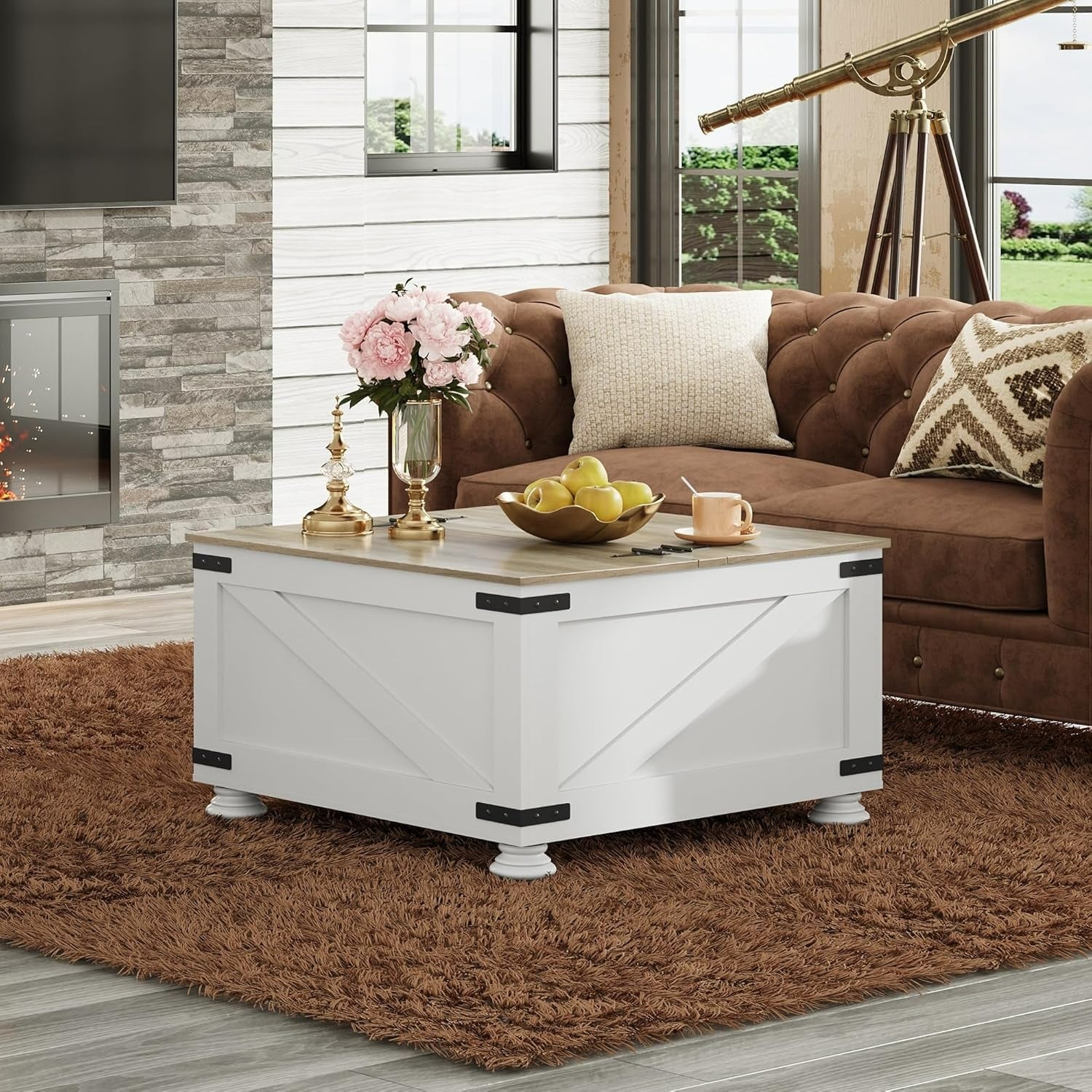 WLIVE Square Wood Farmhouse Coffee Table with Flip Top in room