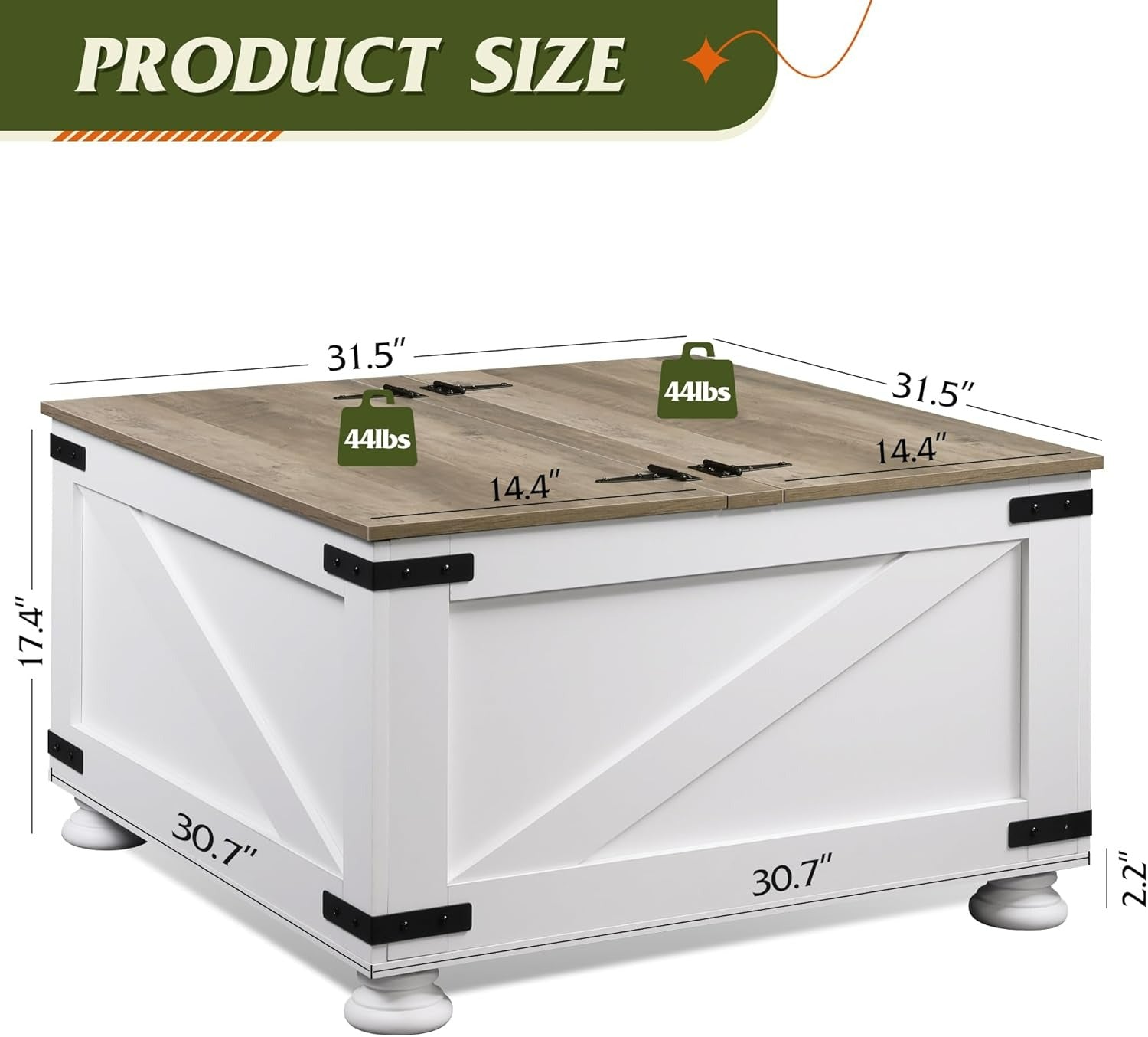 WLIVE Square Wood Farmhouse Coffee Table with Flip Top Size