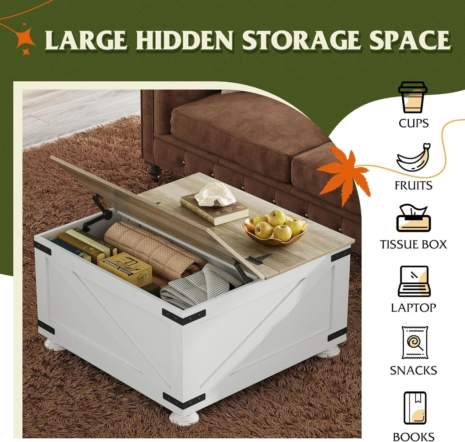 WLIVE Square Wood Farmhouse Coffee Table with Flip Top Storage Space