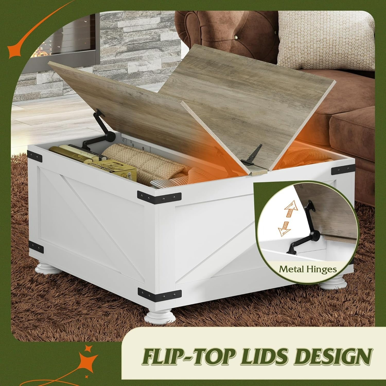 WLIVE Square Wood Farmhouse Coffee Table with Flip Top Metal Hinges