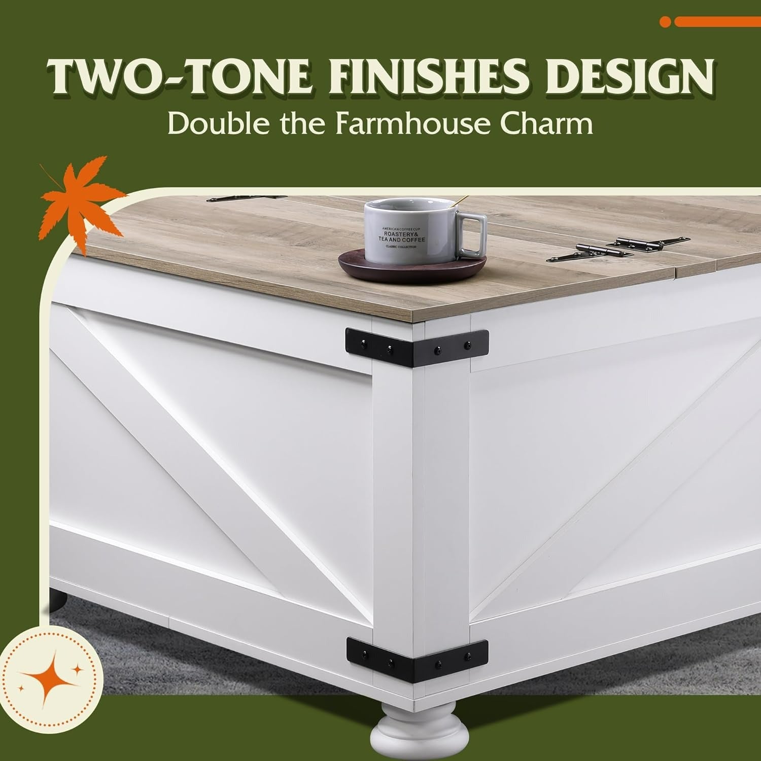 WLIVE Square Wood Farmhouse Coffee Table with Flip Top two-tone finishes