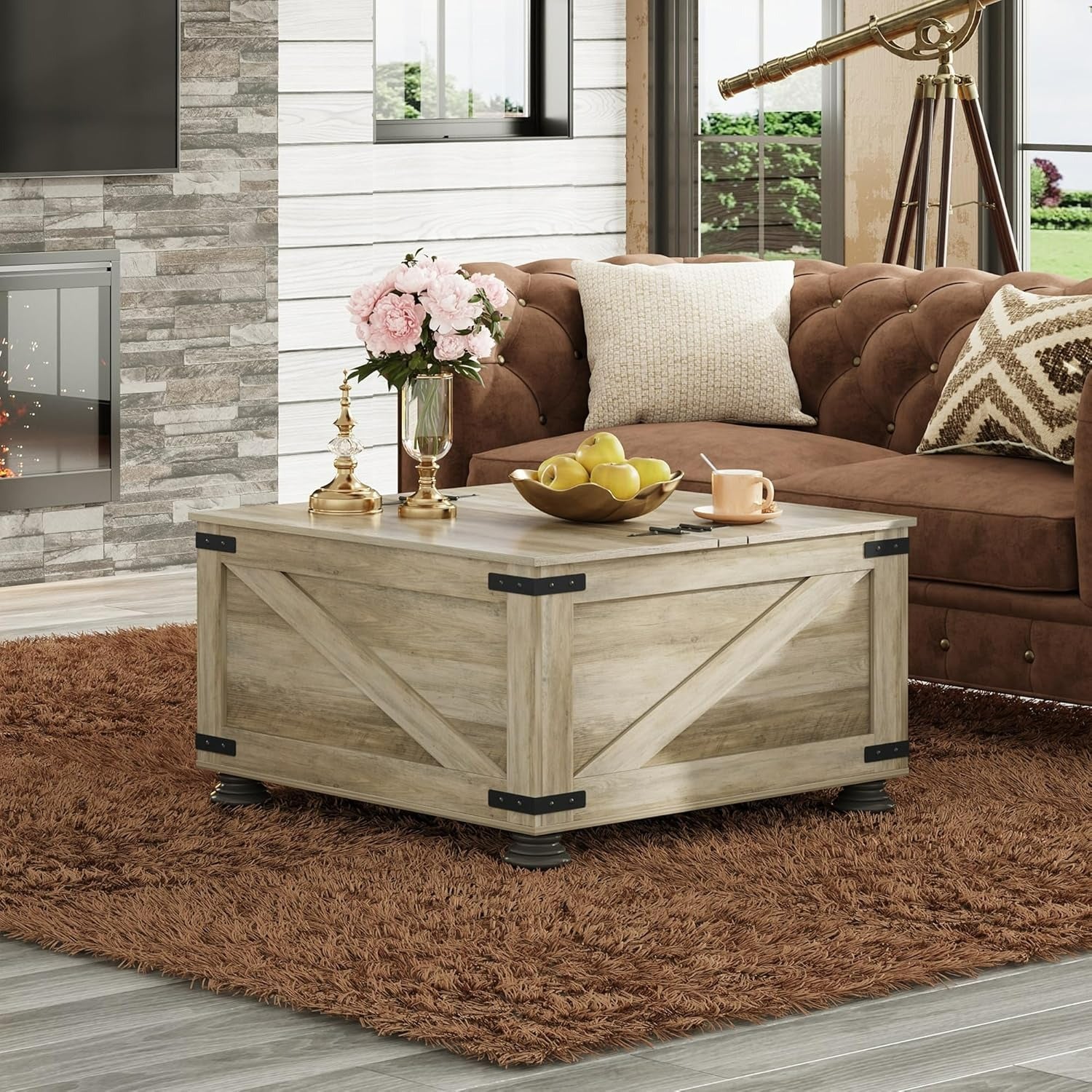 Grey WLIVE Square Wood Farmhouse Coffee Table with Flip Top in room