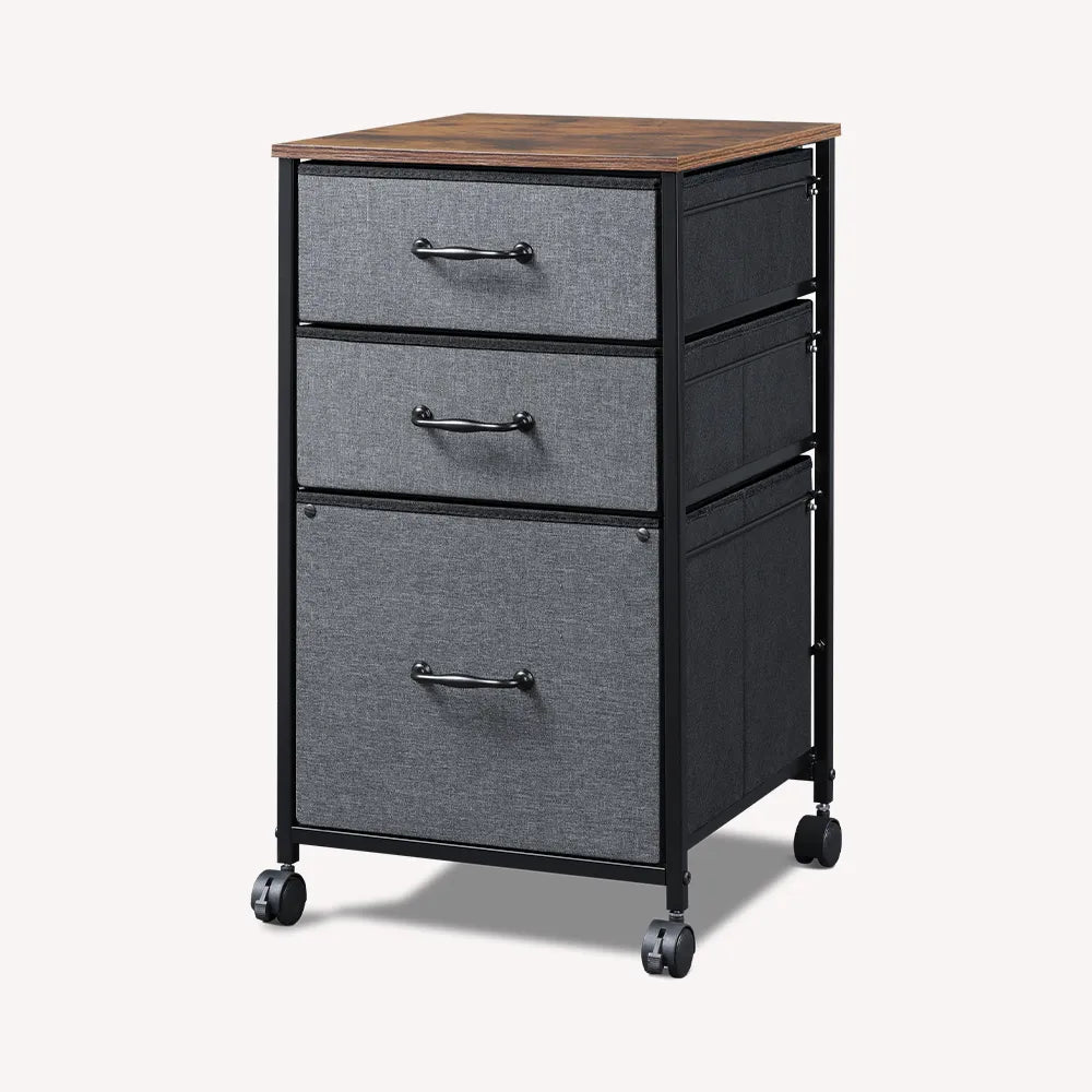 Vertical 3-drawer fabric mobile file cabinet in rustic brown