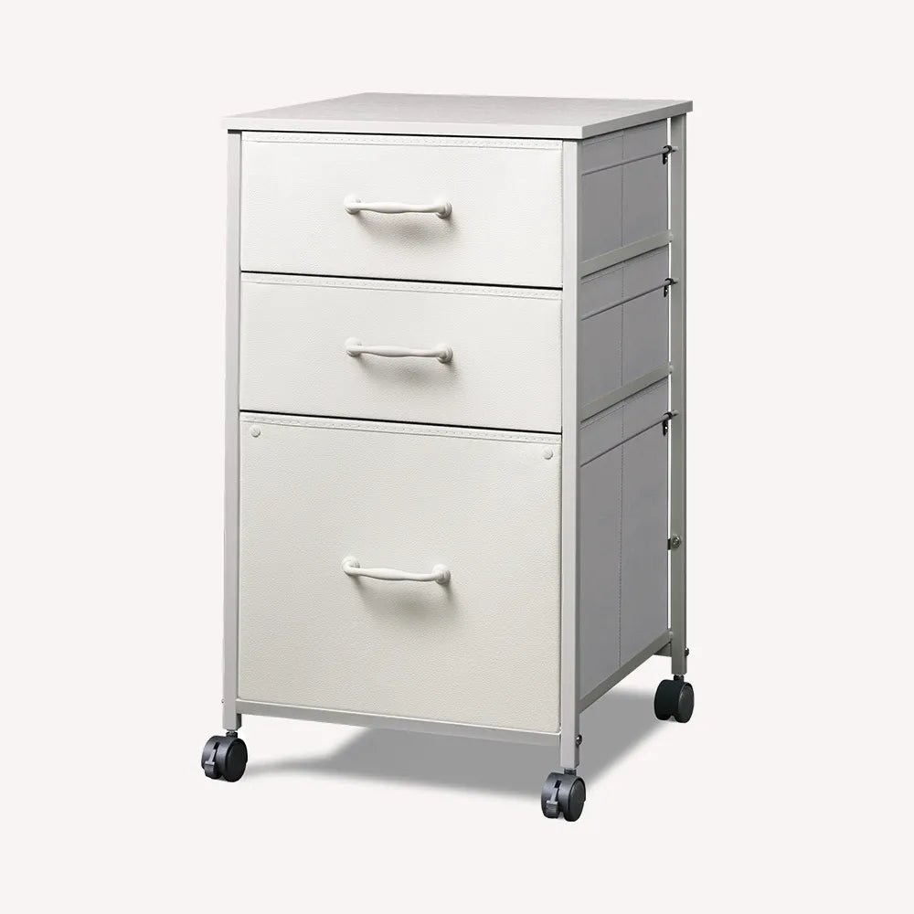 Vertical 3-drawer fabric mobile file cabinet in white