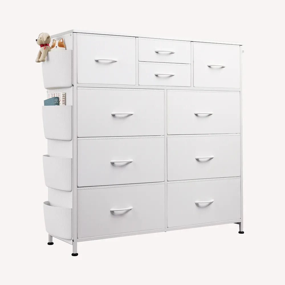 WLIVE white 10 drawer fabric dresser with side pockets and metal hooks