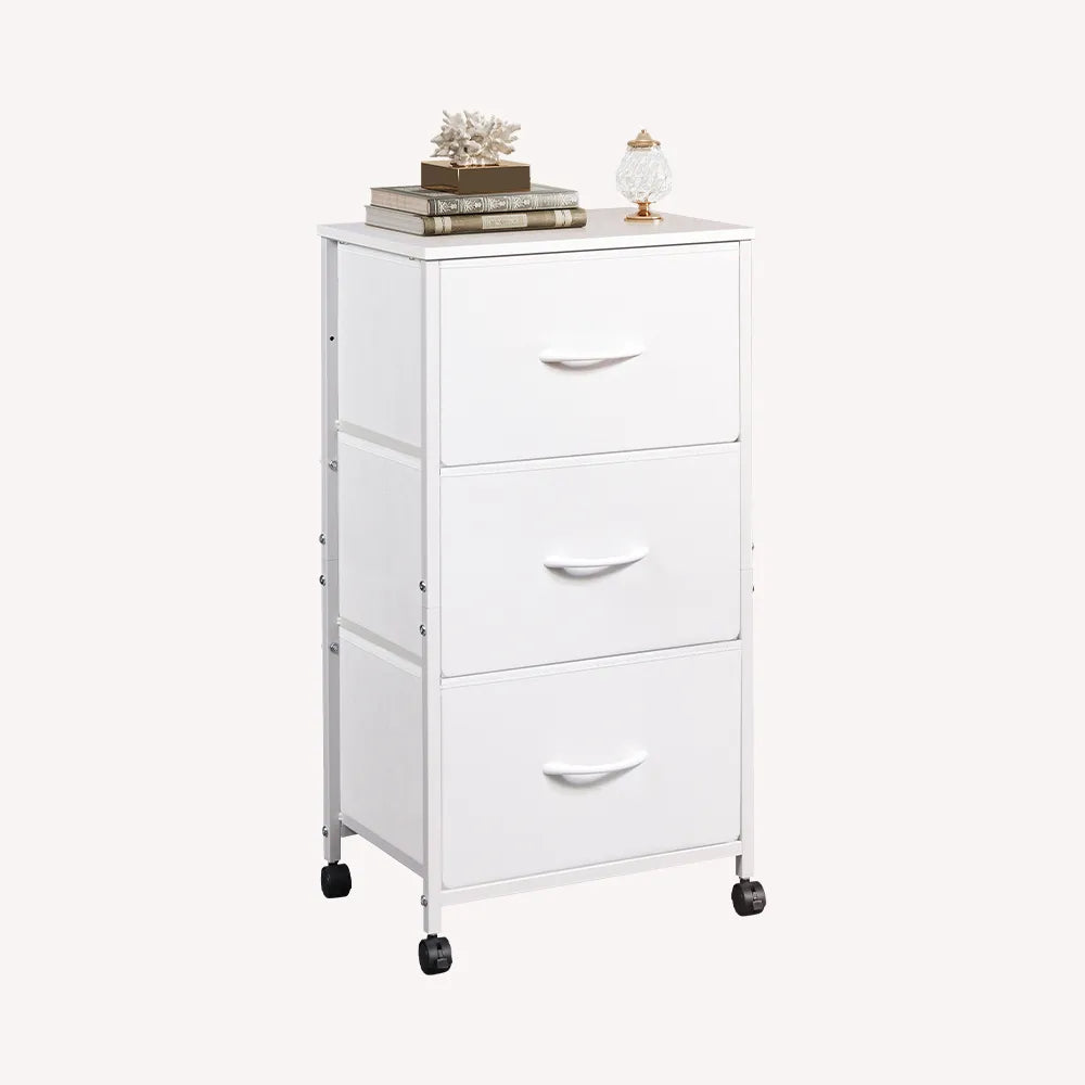 WLIVE Minimalist 3-Drawer Fabric Storage Nightstand in White with Wheels
