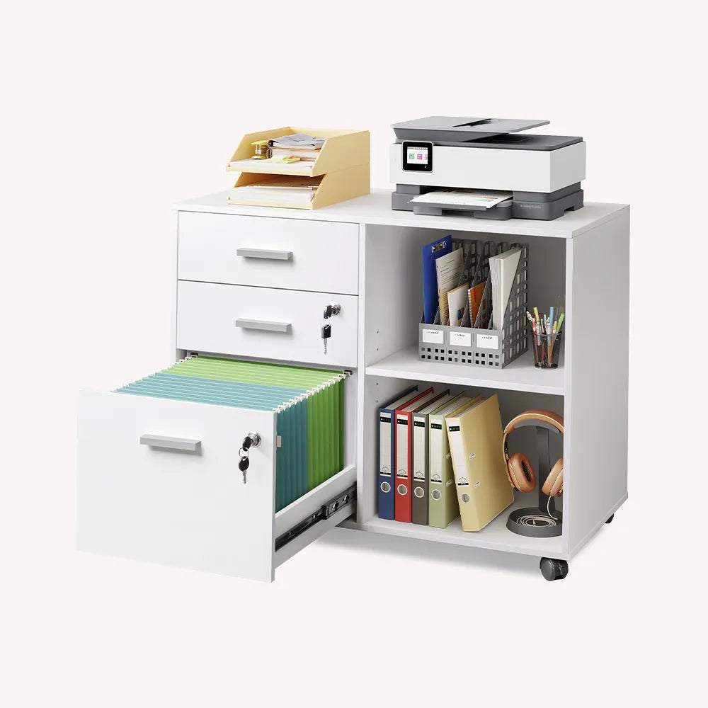 White 3-drawer wood lateral file cabinet with lock