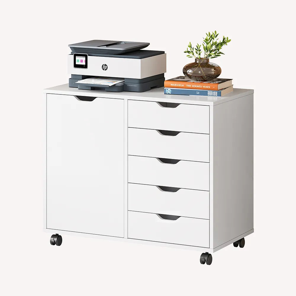 DEVAISE 5-Drawer Wood Mobile Storage Cabinet with Door in White