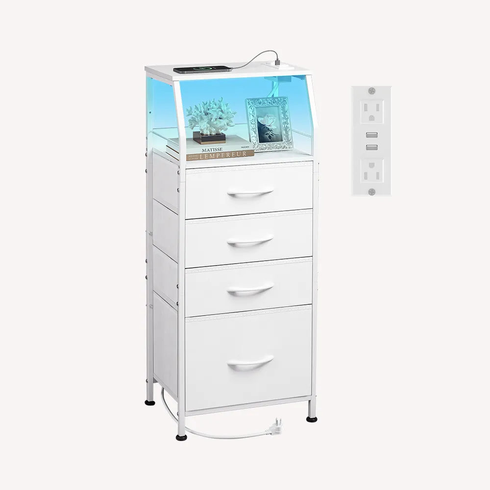 White WLIVE Fabric 4-Drawer LED Nightstand with Charging Station