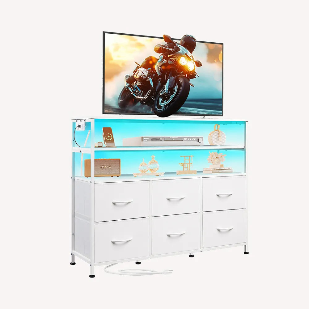 WLIVE White Minimalist 6-Drawer LED Large Storage Fabric Dresser TV Stand