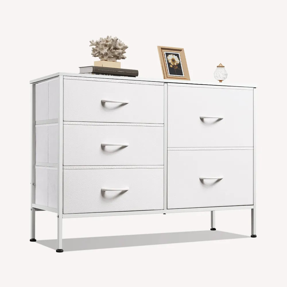 White minimalist fabric 5-drawer large storage dresser