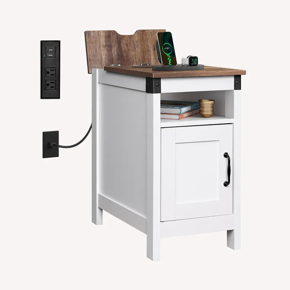 White WLIVE Narrow Vintage Charging Side Table with Cabinet