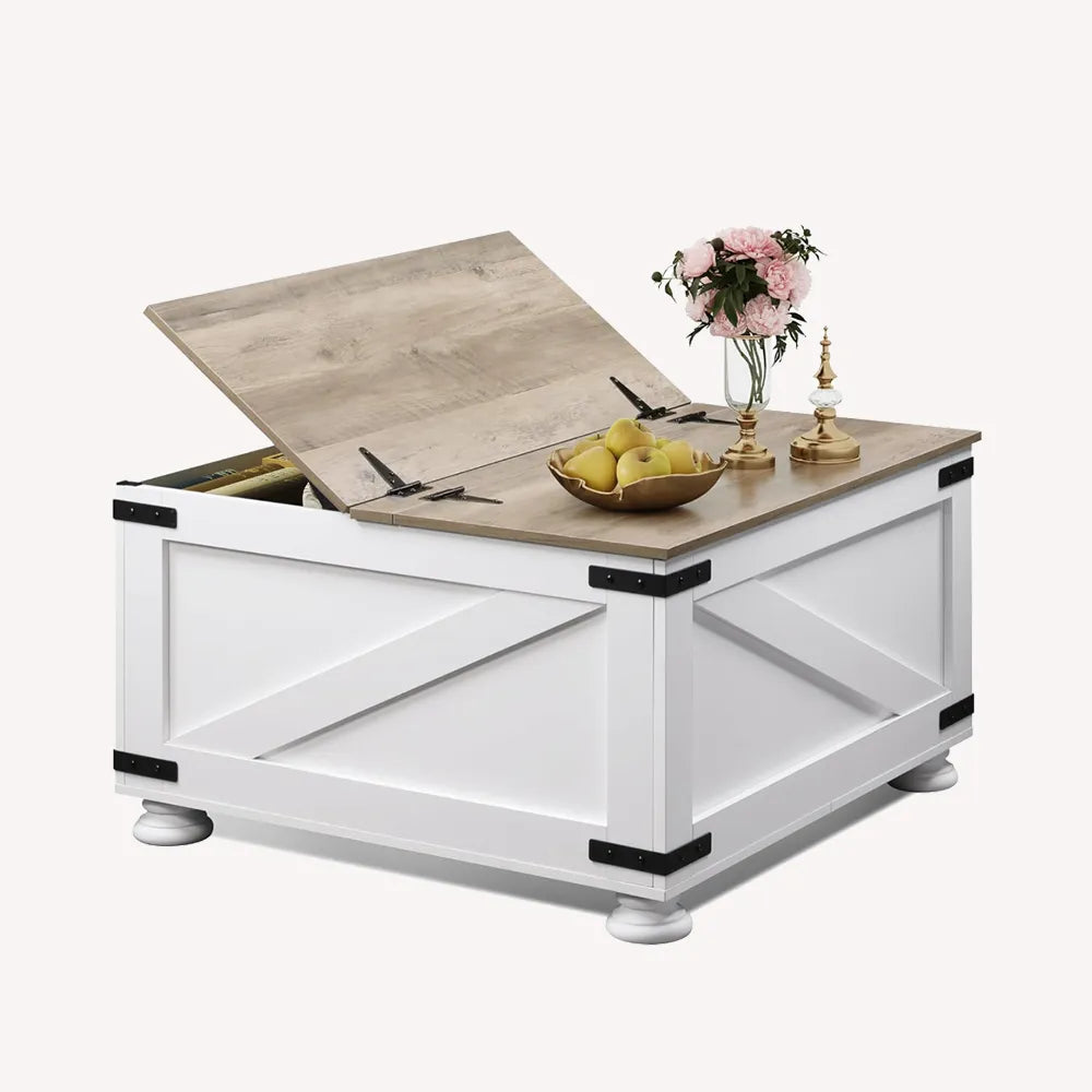 White WLIVE Square Wood Farmhouse Coffee Table with Flip Top