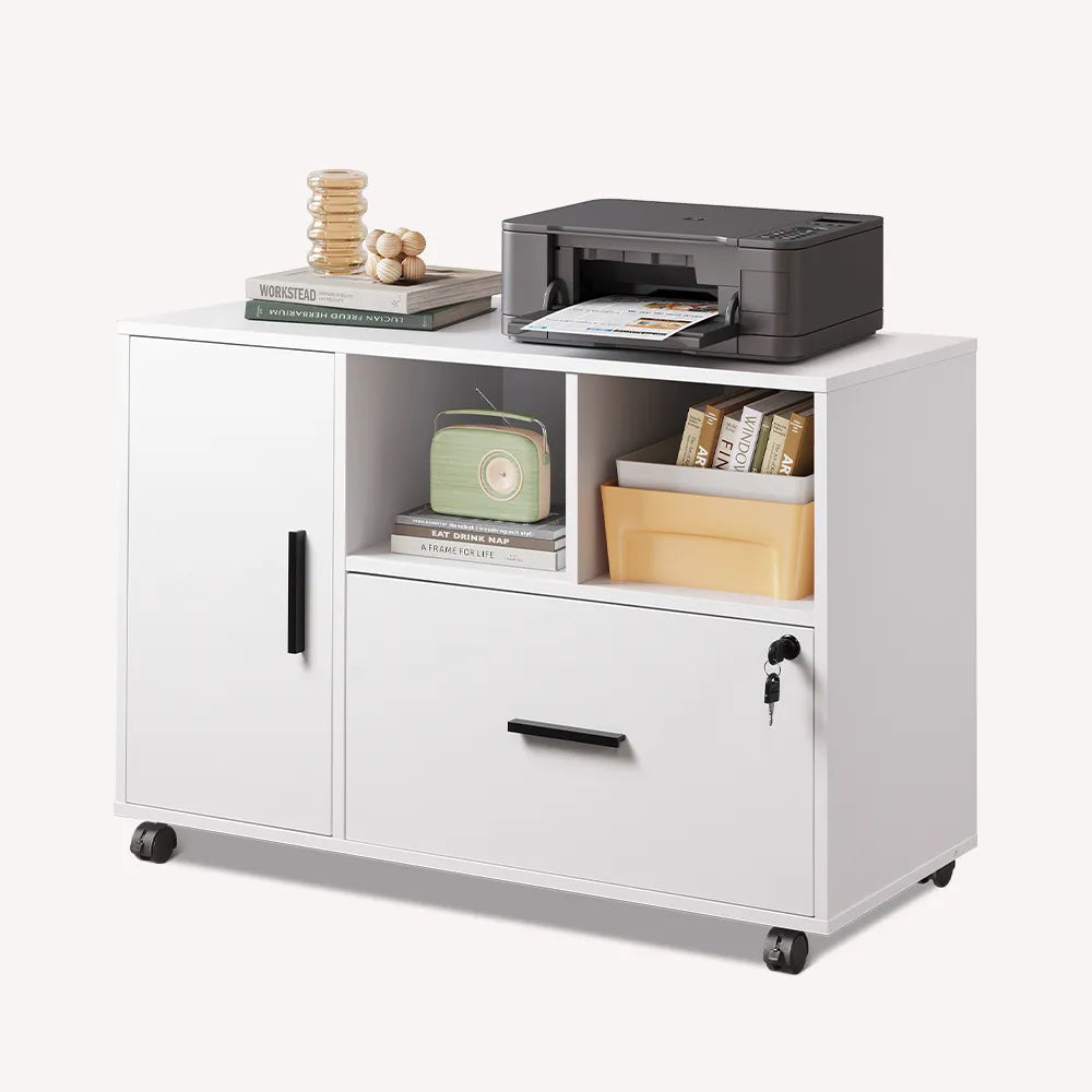 White wood file cabinet with charging station