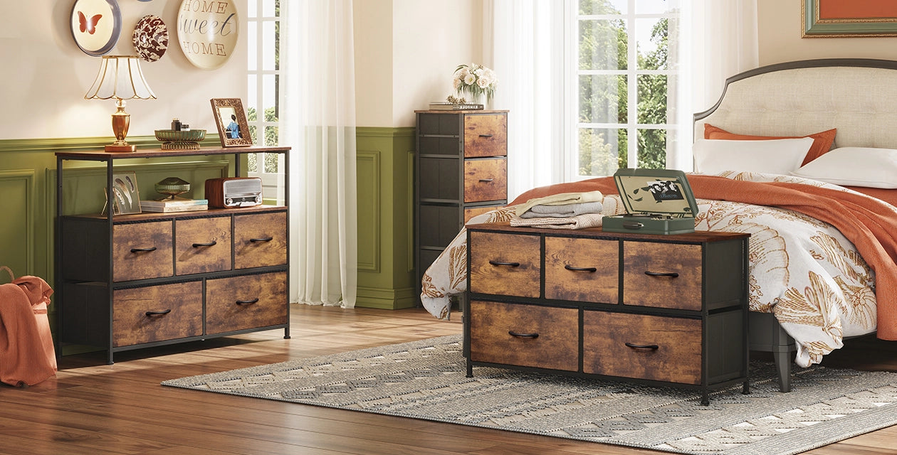 bedroom with wlive fabric dresser