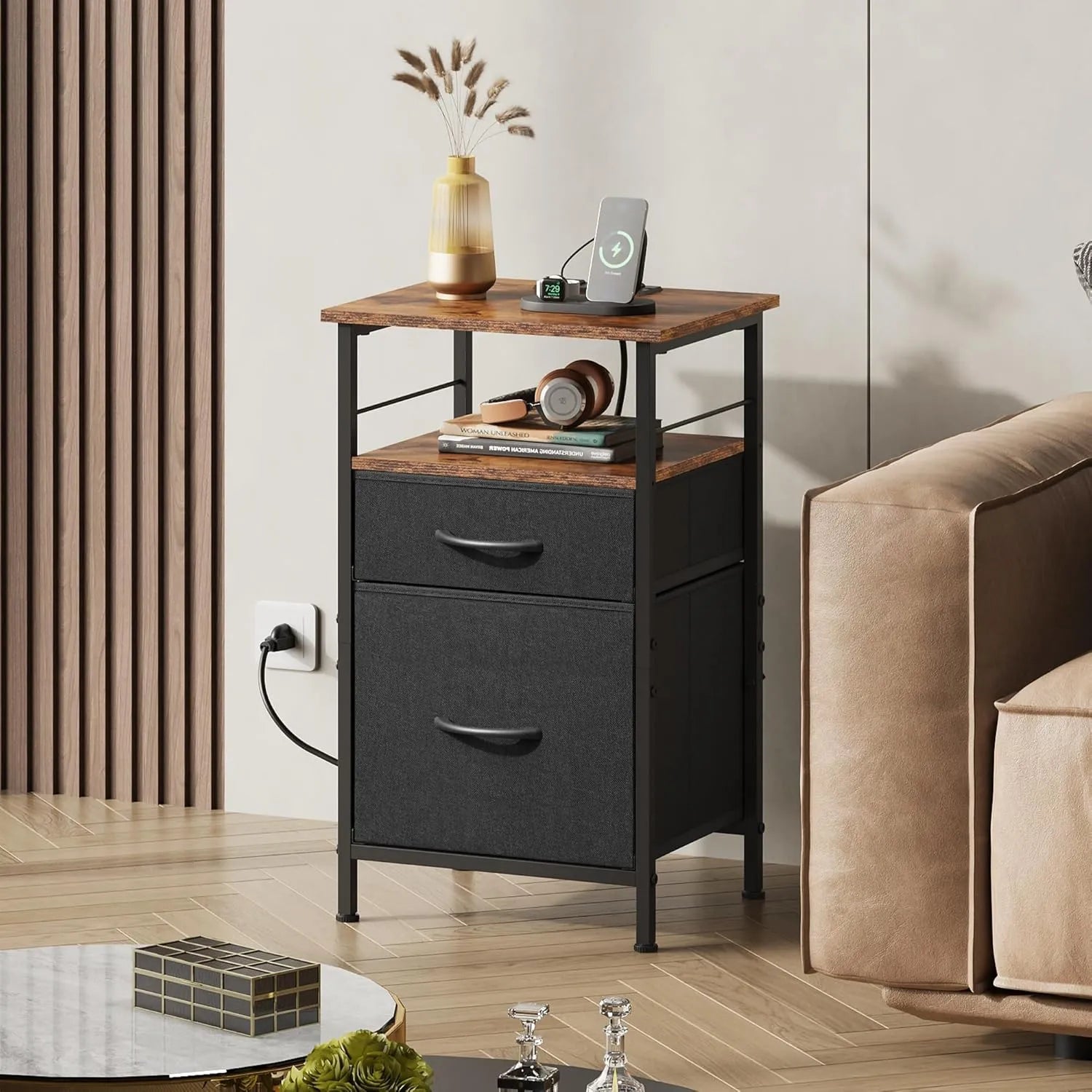 WLIVE fabric drawer nightstand set with charging station in living room