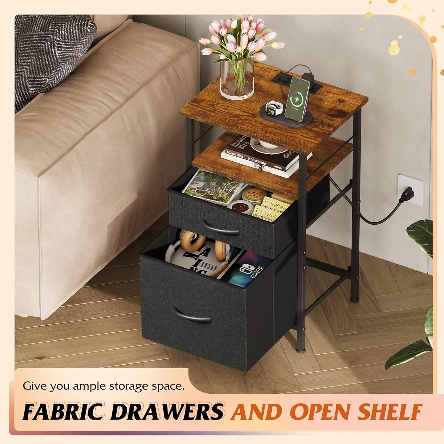 WLIVE fabric drawer nightstand set with charging station and open shelf