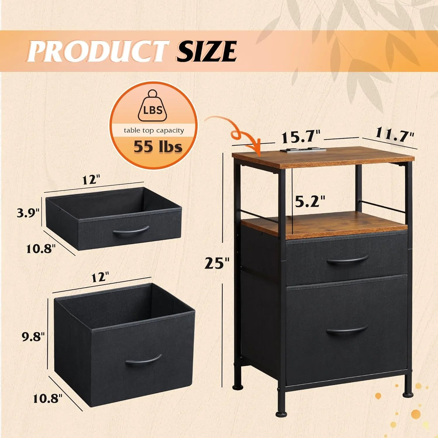 WLIVE fabric drawer nightstand set with charging station size