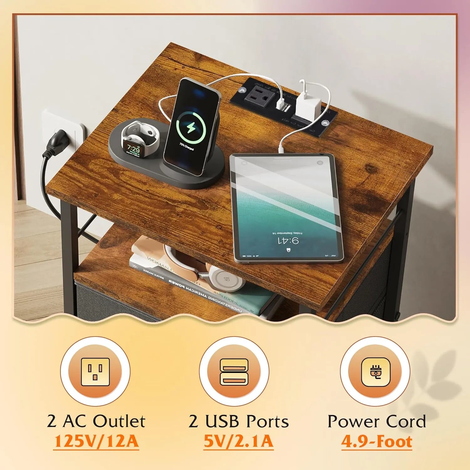 WLIVE fabric drawer nightstand set with charging station