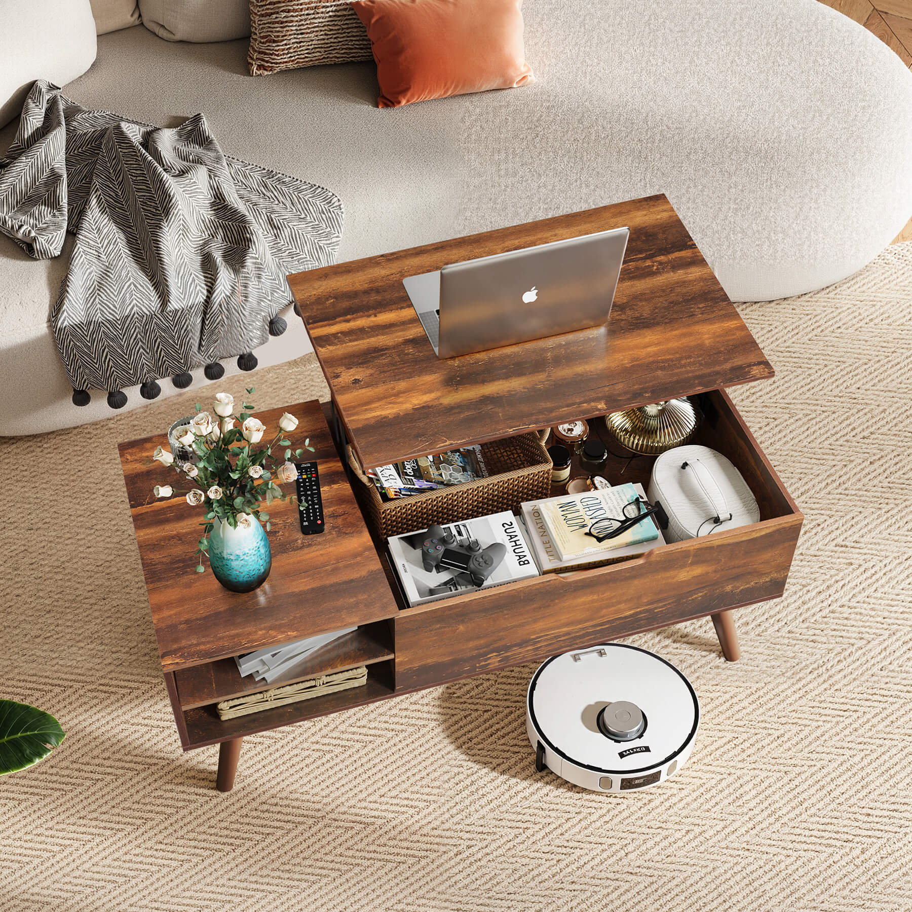 Lift-top coffee table with storage in living room