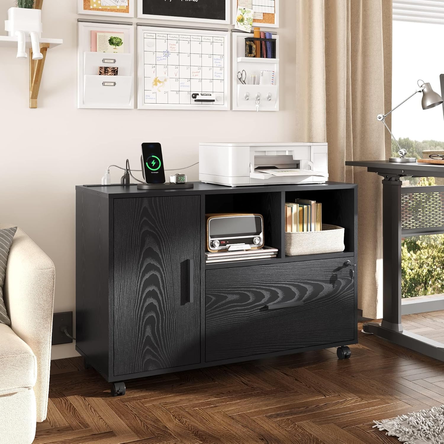 balck wood file cabinet with charging station in home office