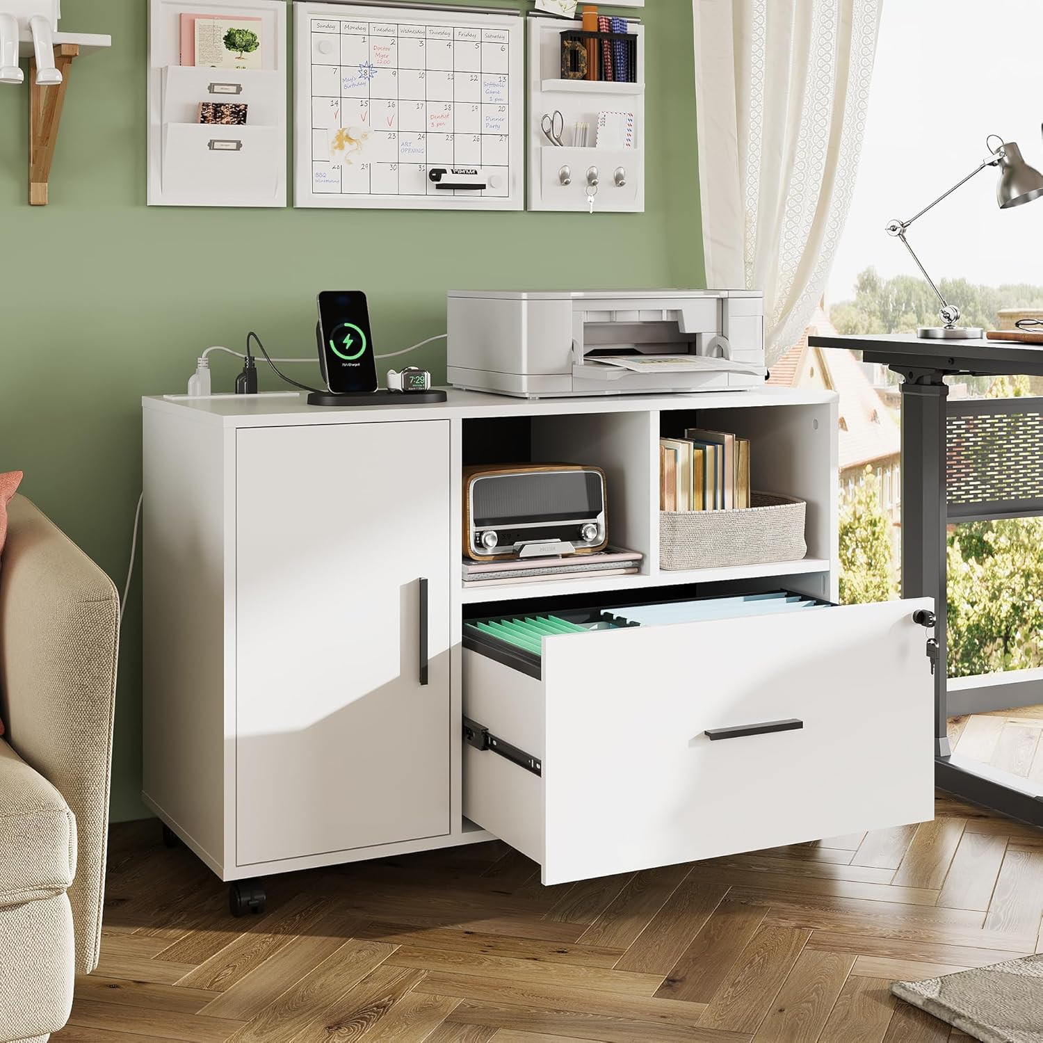 white wood file cabinet with charging station in home office