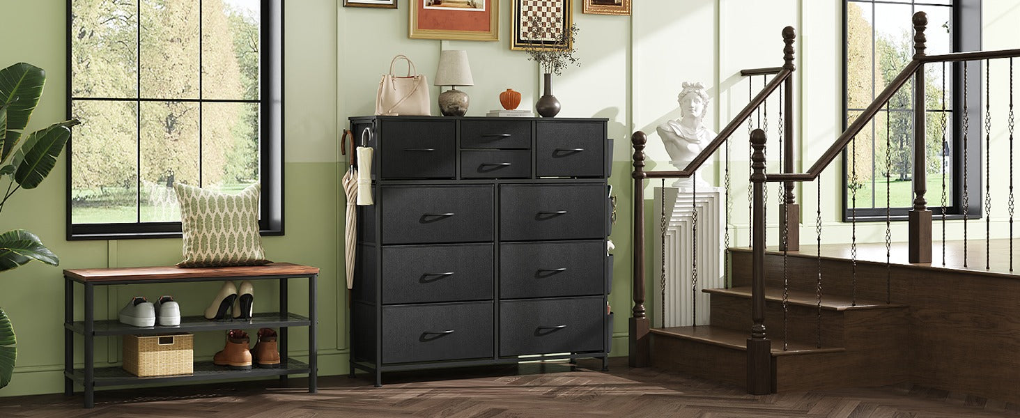WLIVE 10-Drawer Fabric Dresser with Side Pockets and Hooks