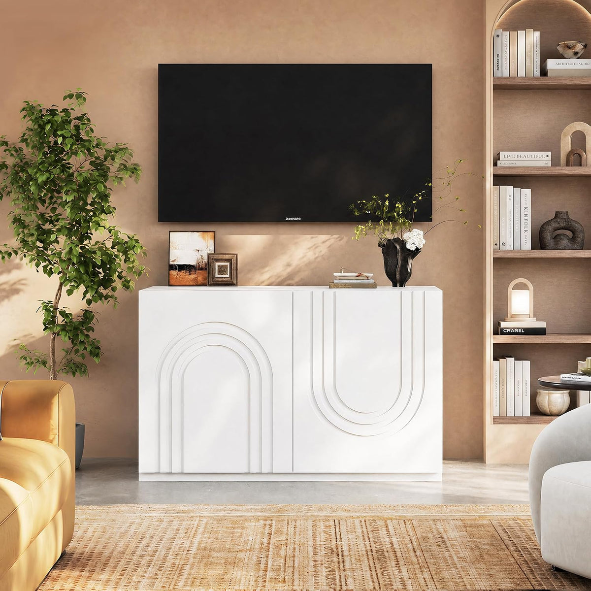 WLIVE Modern Modular TV Stand for 100 inch TV, Combinable Storage,  Cream White 3D Embossed Arched Door Entertainment Center, Adjustable Shelves, Cable Management, Living Room, Bedroom
