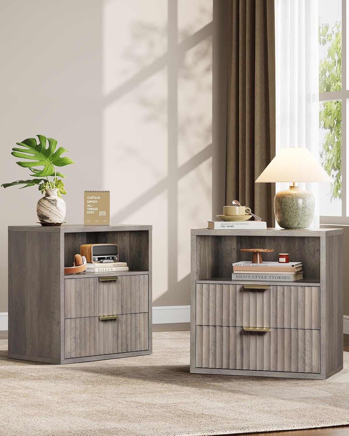 WLIVE Fluted Night Stand Set 2, Wood Nightstands  with Storage Drawers and Open Shelf