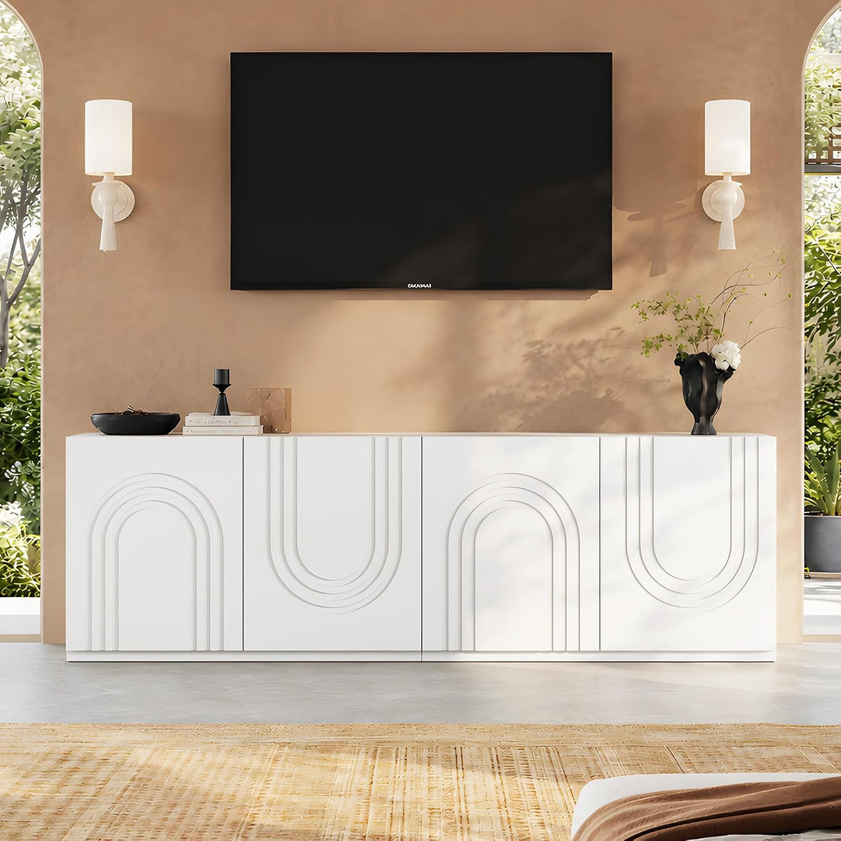 WLIVE Modern Modular TV Stand for 100 inch TV, Combinable Storage,  Cream White 3D Embossed Arched Door Entertainment Center, Adjustable Shelves, Cable Management, Living Room, Bedroom