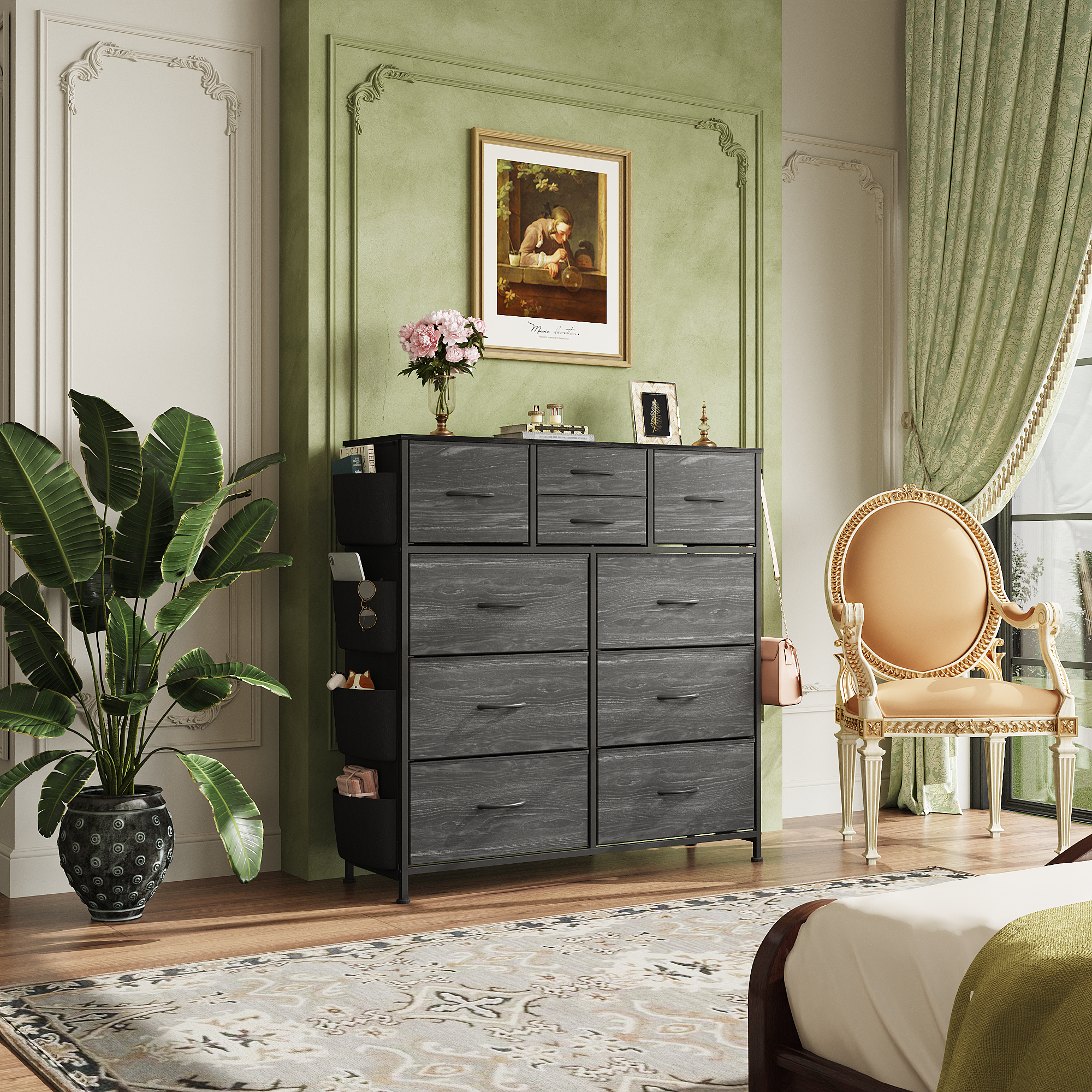 WLIVE 10-Drawer Fabric Dresser with Side Pockets and Hooks