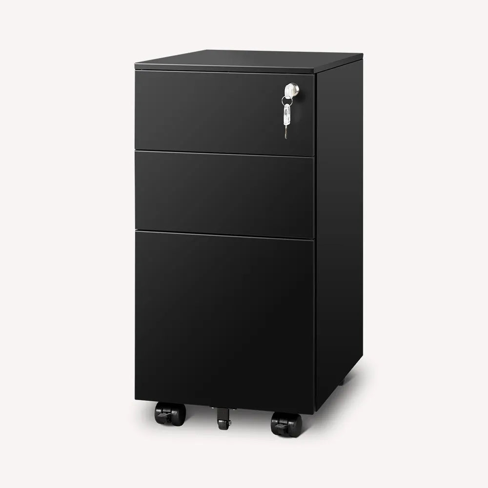 3-drawer metal rolling file cabinet with lock in black