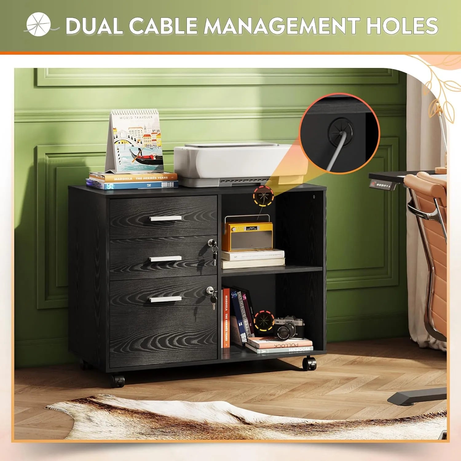 3-drawer wood lateral file cabinet with lock with cable management holes