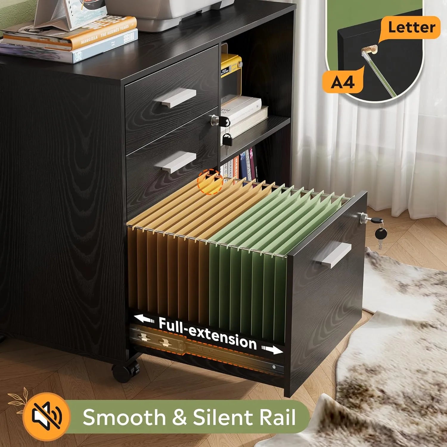 3-drawer wood lateral file cabinet with fulll extension