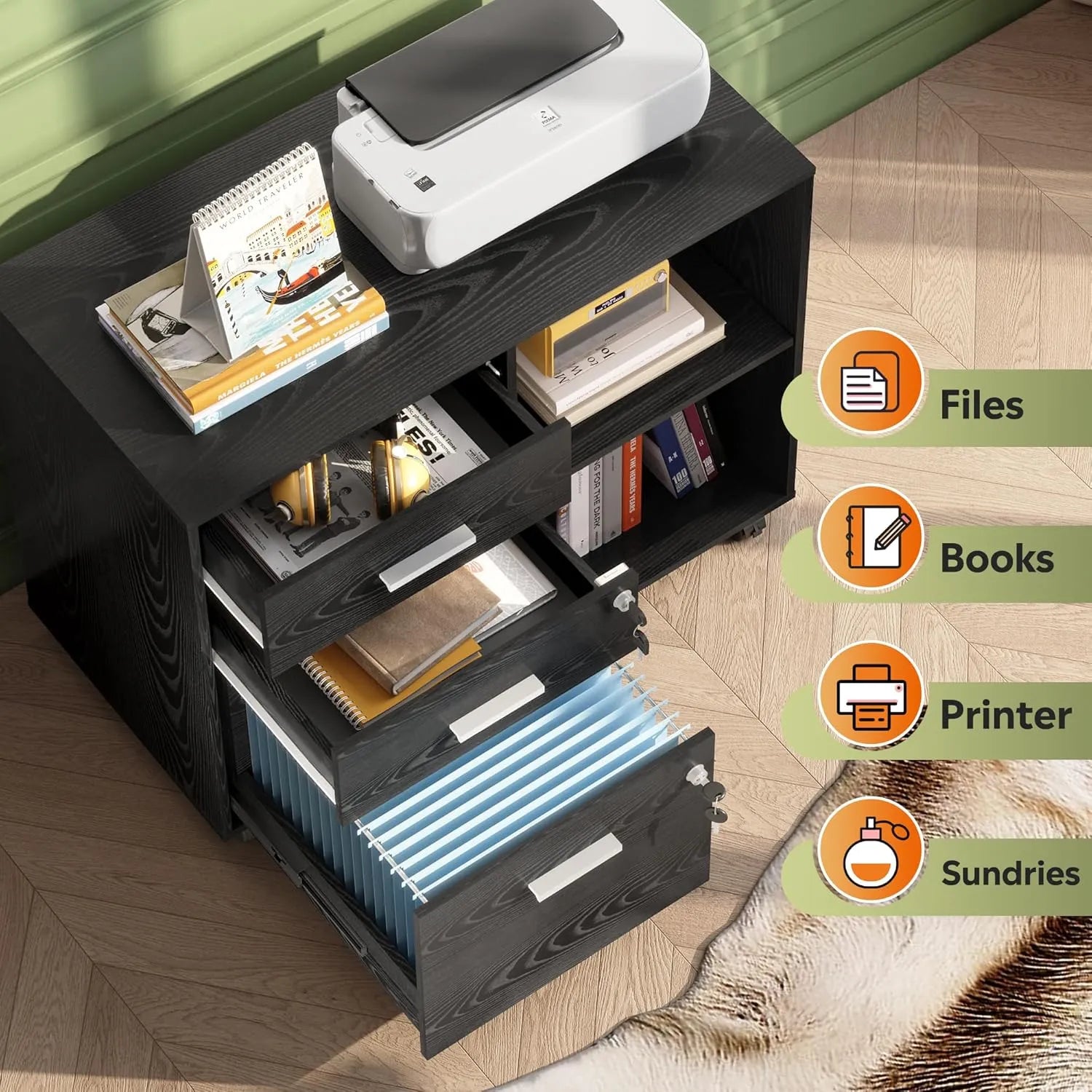 3-drawer wood lateral file cabinet storage