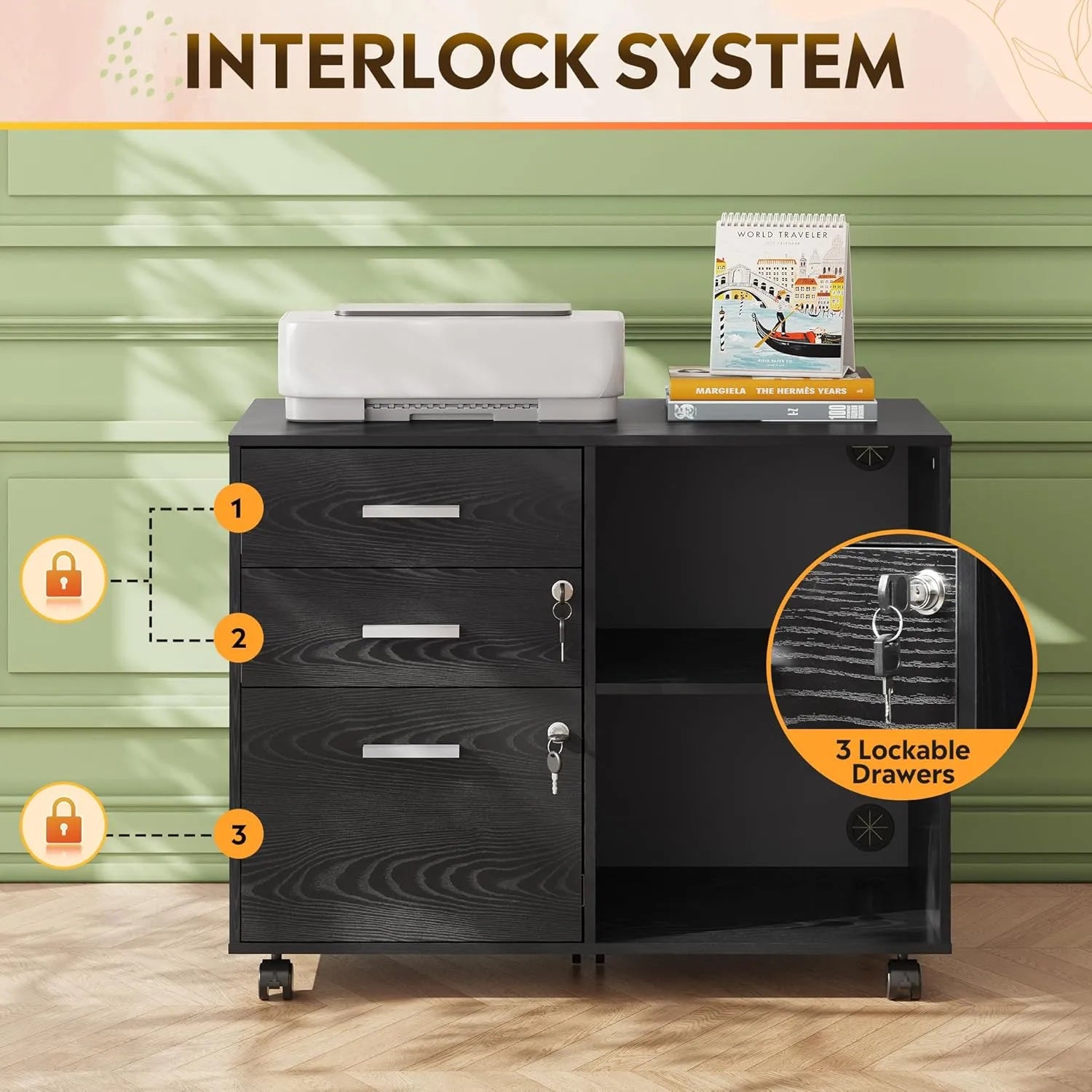 3-drawer wood lateral file cabinet with lock